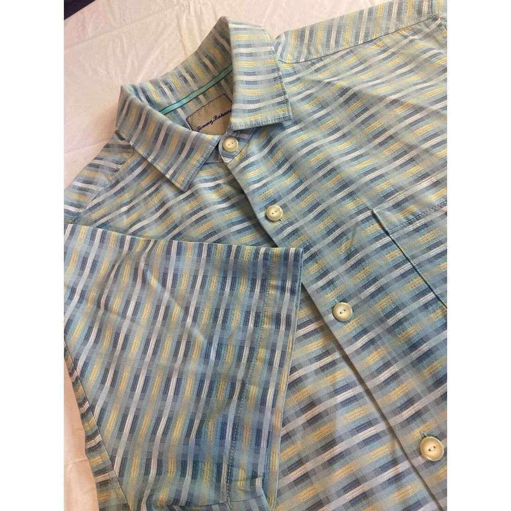 Men's Tommy Bahama‎ Multicolored Stiped Silk Blend Short Sleeve Shirt-Size L